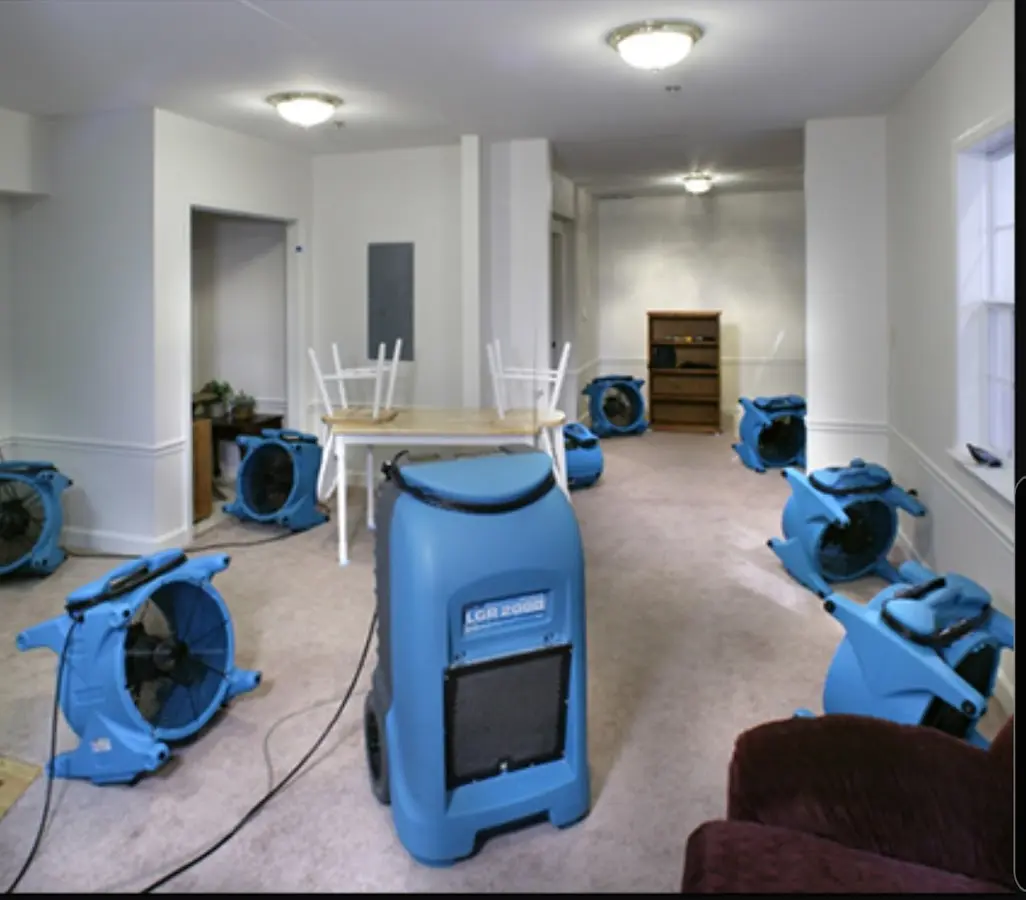 Air movers and dehumidifier setup for Water Extraction & Removal in Clay